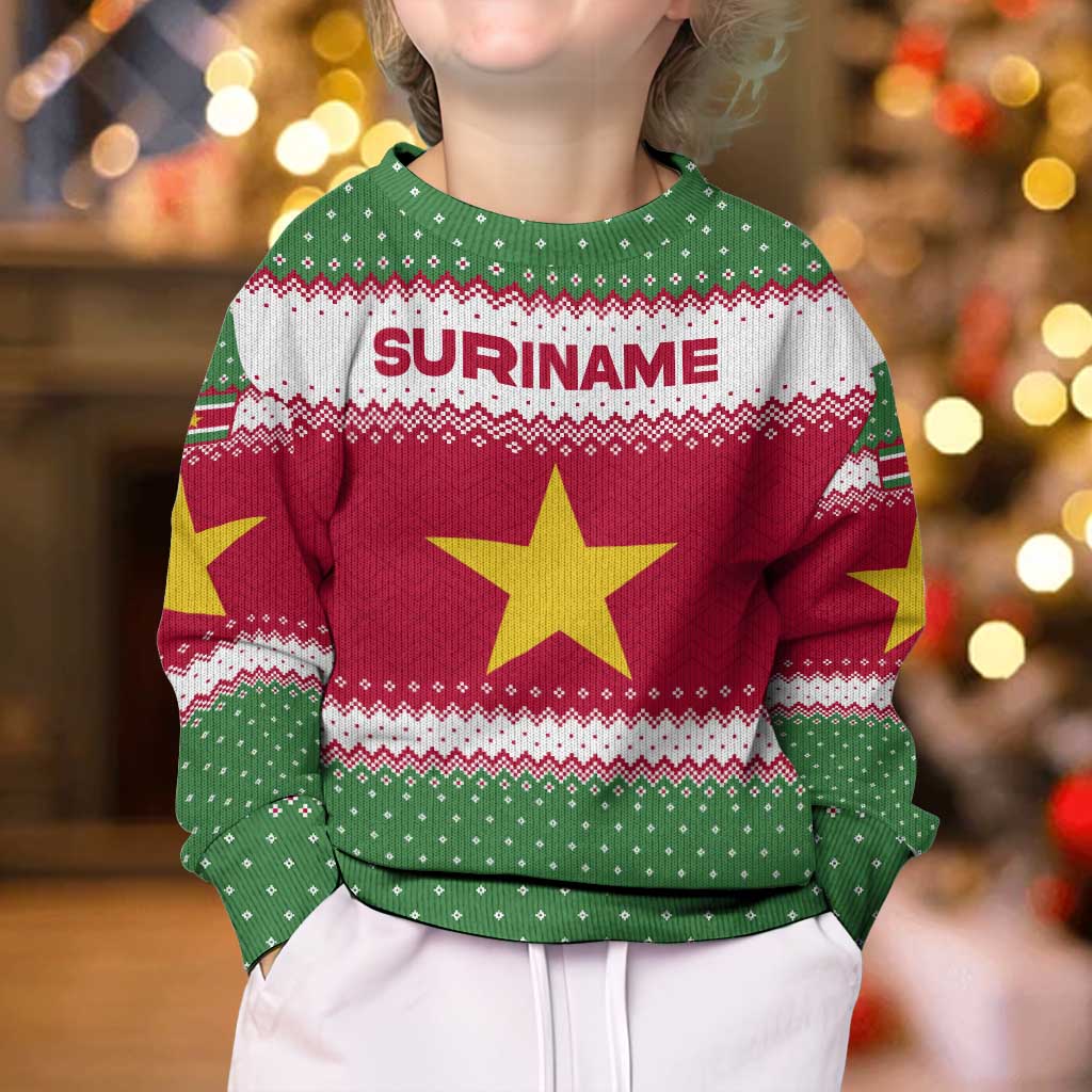 Suriname Christmas Kid Ugly Christmas Sweater with Red-Green Knit Pattern, Yellow Star, and Santa Leopard Motif - Wonder Print Shop
