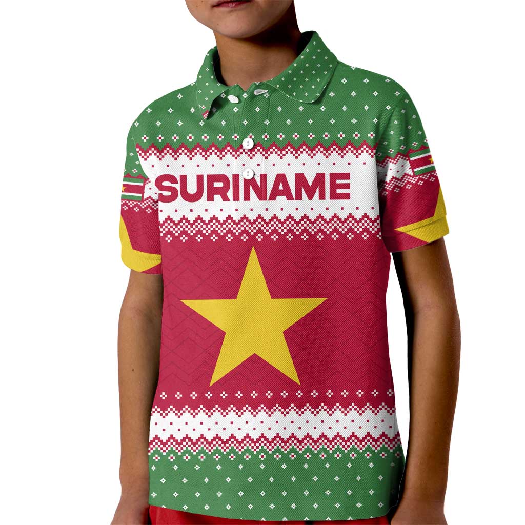 Suriname Christmas Kid Polo Shirt with Red-Green Knit Pattern, Yellow Star, and Santa Leopard Motif - Wonder Print Shop