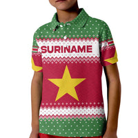 Suriname Christmas Kid Polo Shirt with Red-Green Knit Pattern, Yellow Star, and Santa Leopard Motif - Wonder Print Shop