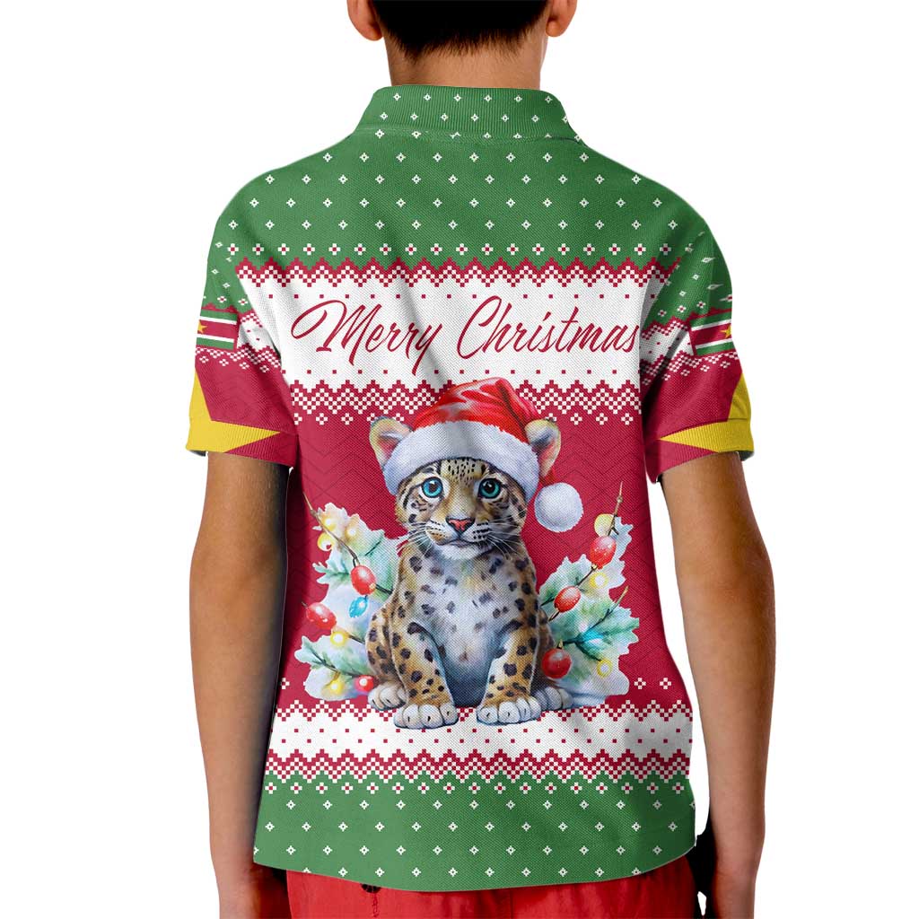 Suriname Christmas Kid Polo Shirt with Red-Green Knit Pattern, Yellow Star, and Santa Leopard Motif - Wonder Print Shop
