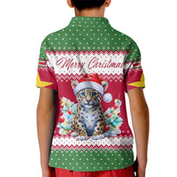 Suriname Christmas Kid Polo Shirt with Red-Green Knit Pattern, Yellow Star, and Santa Leopard Motif - Wonder Print Shop