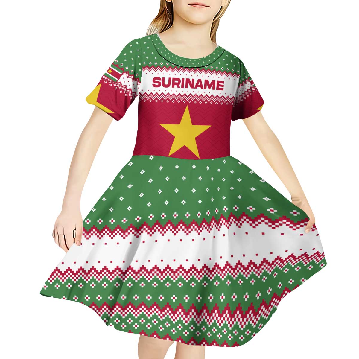 Suriname Christmas Kid Short Sleeve Dress with Red-Green Knit Pattern, Yellow Star, and Santa Leopard Motif - Wonder Print Shop