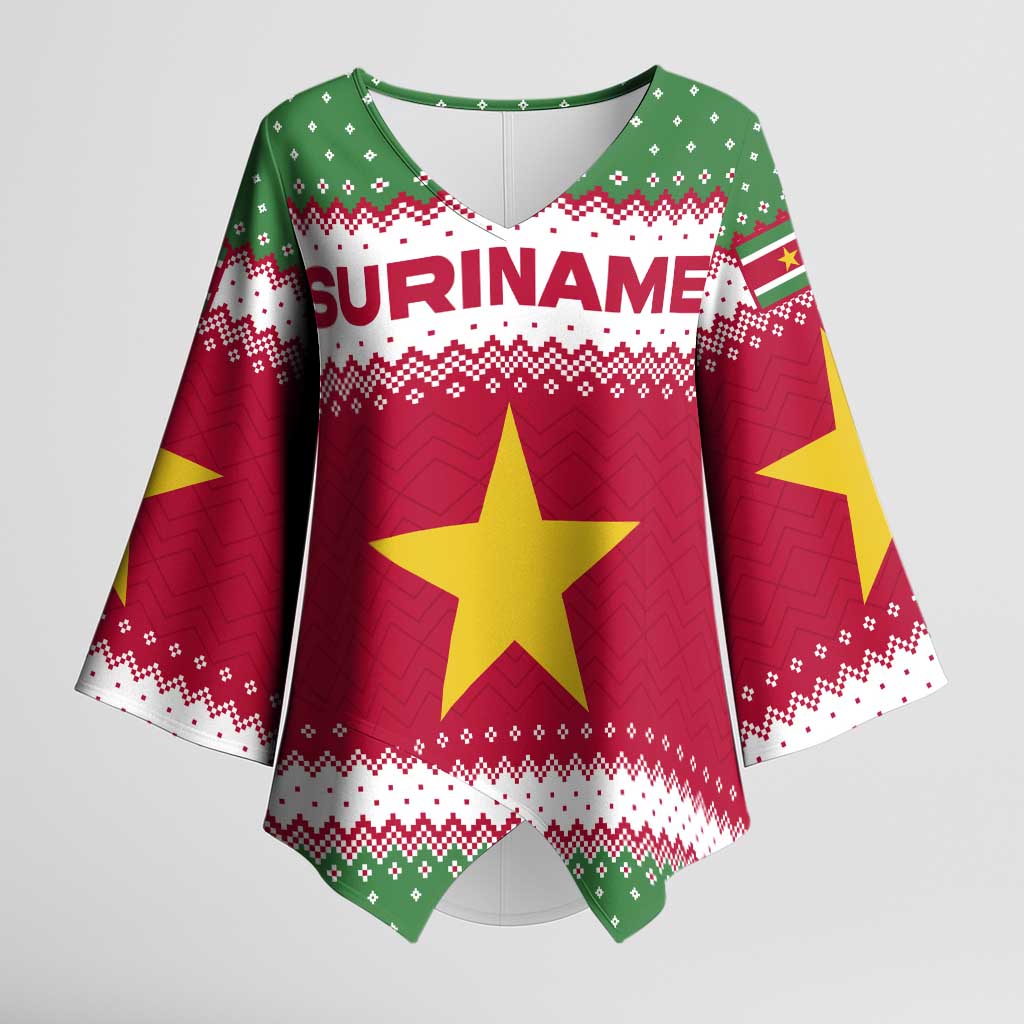 Suriname Christmas Kimono Sleeve Blouse with Red-Green Knit Pattern, Yellow Star, and Santa Leopard Motif - Wonder Print Shop
