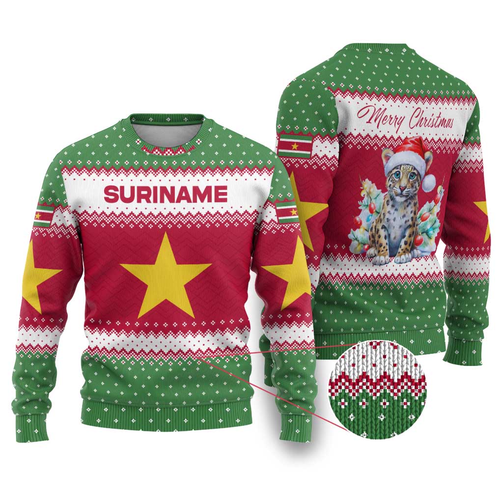Suriname Christmas Ugly Christmas Sweater with Red-Green Knit Pattern, Yellow Star, and Santa Leopard Motif - Wonder Print Shop