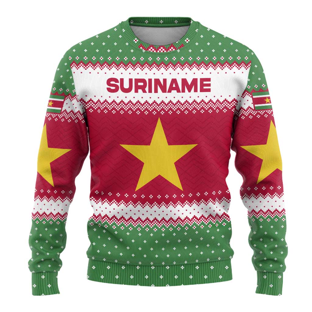 Suriname Christmas Ugly Christmas Sweater with Red-Green Knit Pattern, Yellow Star, and Santa Leopard Motif - Wonder Print Shop