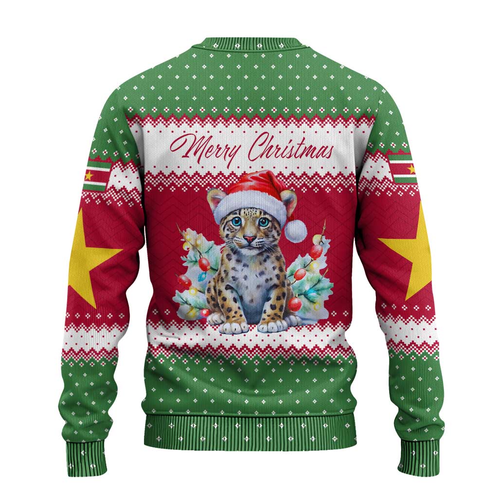 Suriname Christmas Ugly Christmas Sweater with Red-Green Knit Pattern, Yellow Star, and Santa Leopard Motif - Wonder Print Shop
