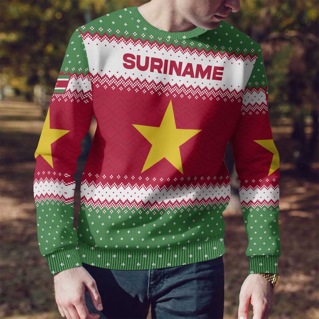 Suriname Christmas Ugly Christmas Sweater with Red-Green Knit Pattern, Yellow Star, and Santa Leopard Motif - Wonder Print Shop