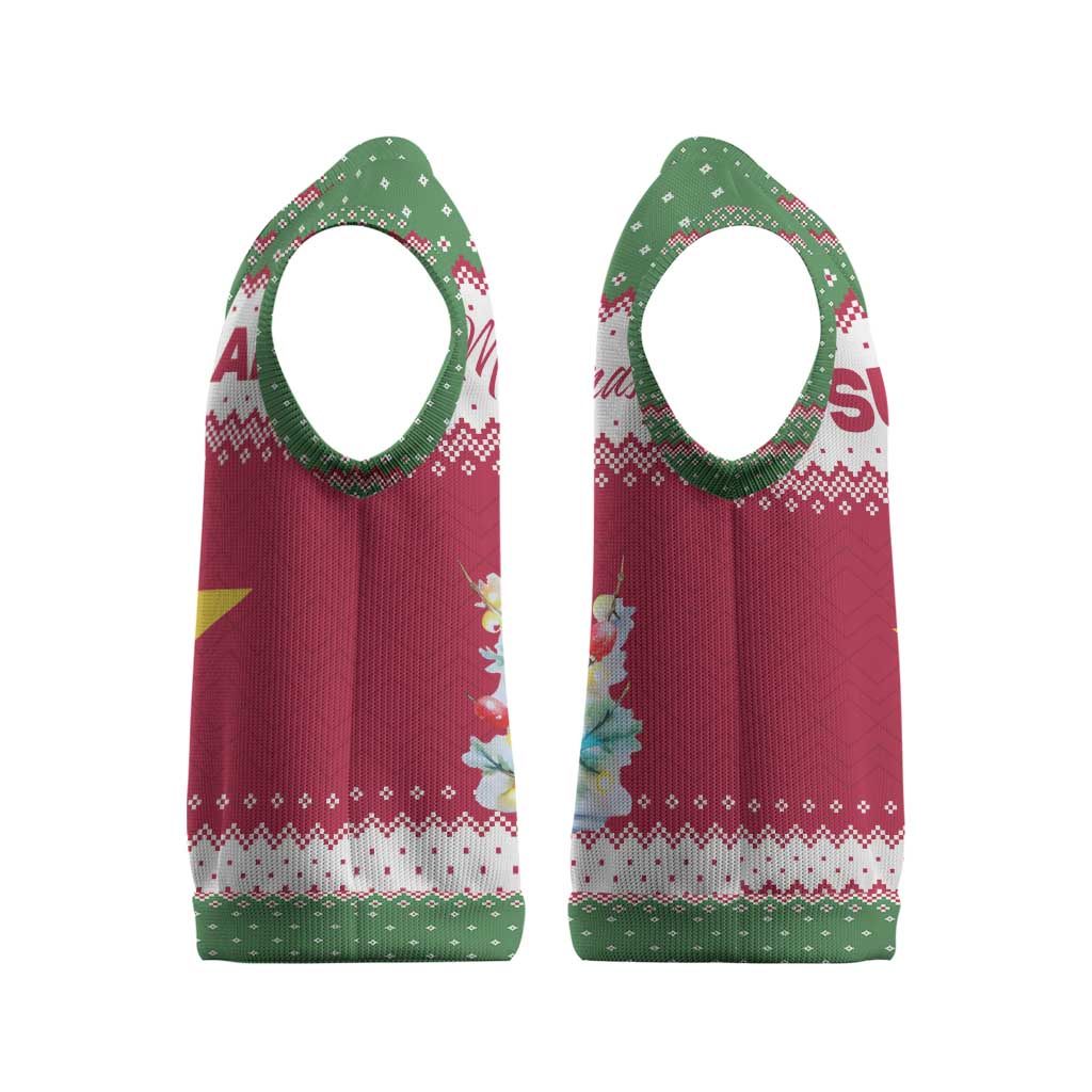 Suriname Christmas Knitted V-Neck Vest with Red-Green Knit Pattern, Yellow Star, and Santa Leopard Motif - Wonder Print Shop