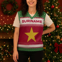 Suriname Christmas Knitted V-Neck Vest with Red-Green Knit Pattern, Yellow Star, and Santa Leopard Motif - Wonder Print Shop