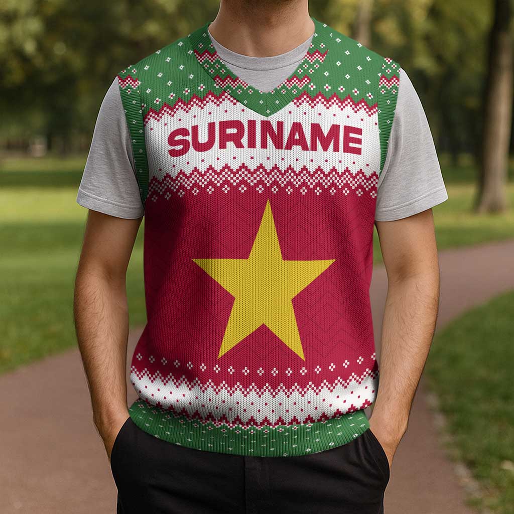 Suriname Christmas Knitted V-Neck Vest with Red-Green Knit Pattern, Yellow Star, and Santa Leopard Motif - Wonder Print Shop