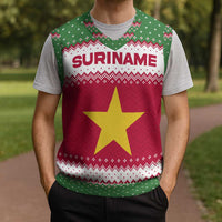 Suriname Christmas Knitted V-Neck Vest with Red-Green Knit Pattern, Yellow Star, and Santa Leopard Motif - Wonder Print Shop