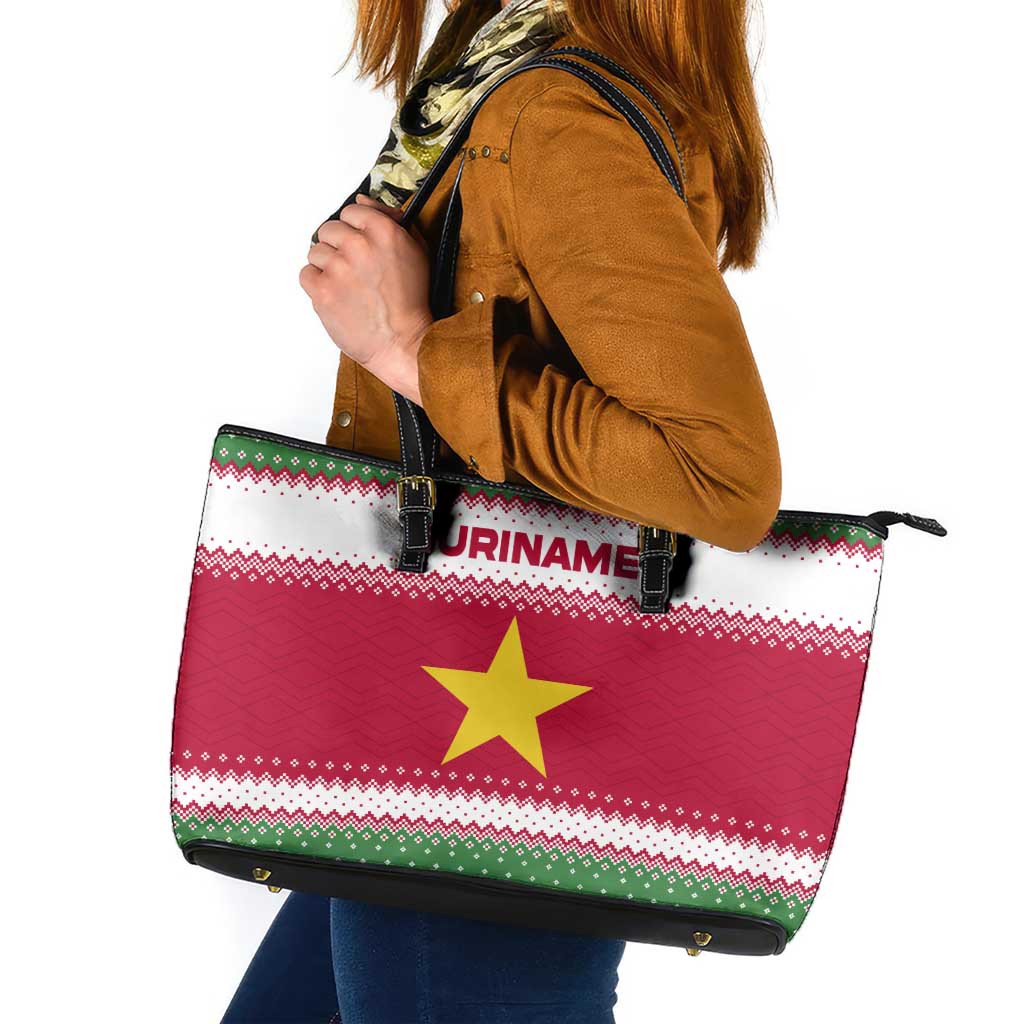 Suriname Christmas Leather Tote Bag with Red-Green Knit Pattern, Yellow Star, and Santa Leopard Motif - Wonder Print Shop