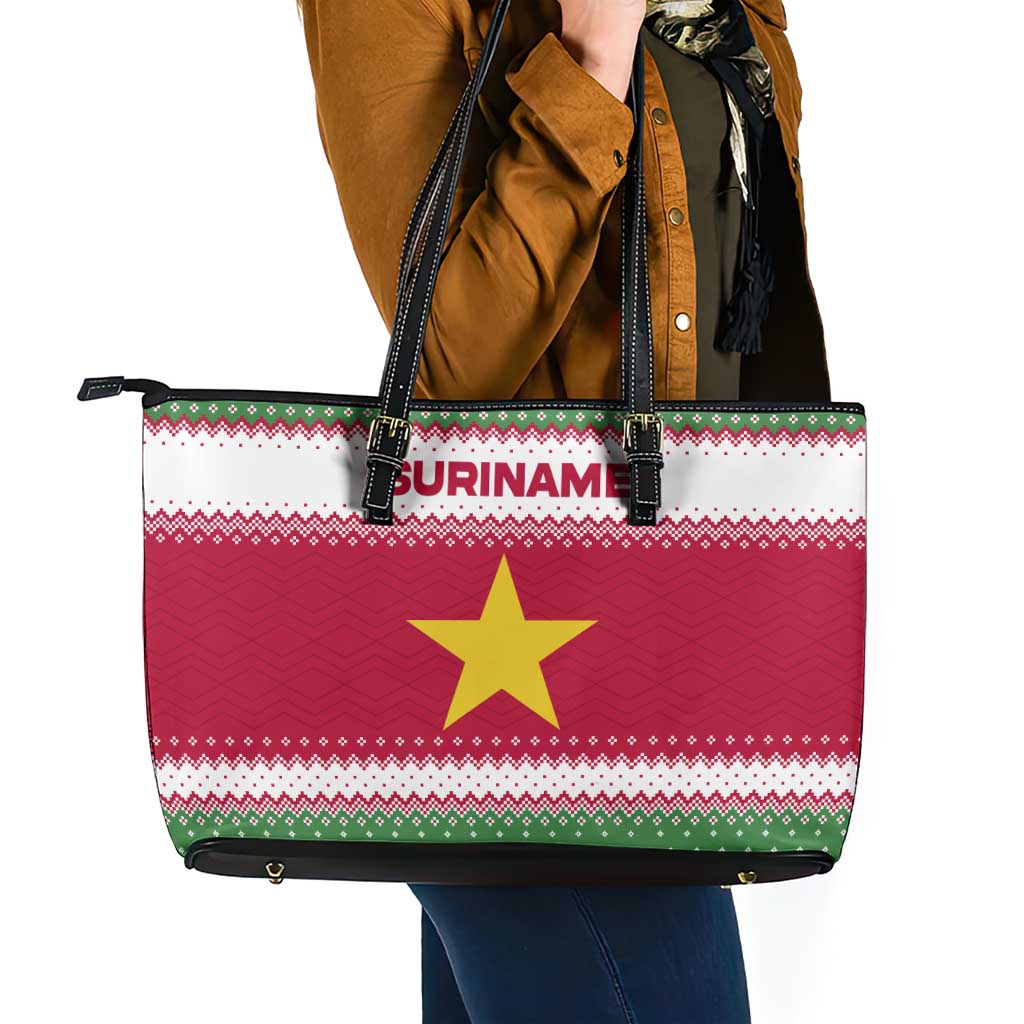 Suriname Christmas Leather Tote Bag with Red-Green Knit Pattern, Yellow Star, and Santa Leopard Motif - Wonder Print Shop