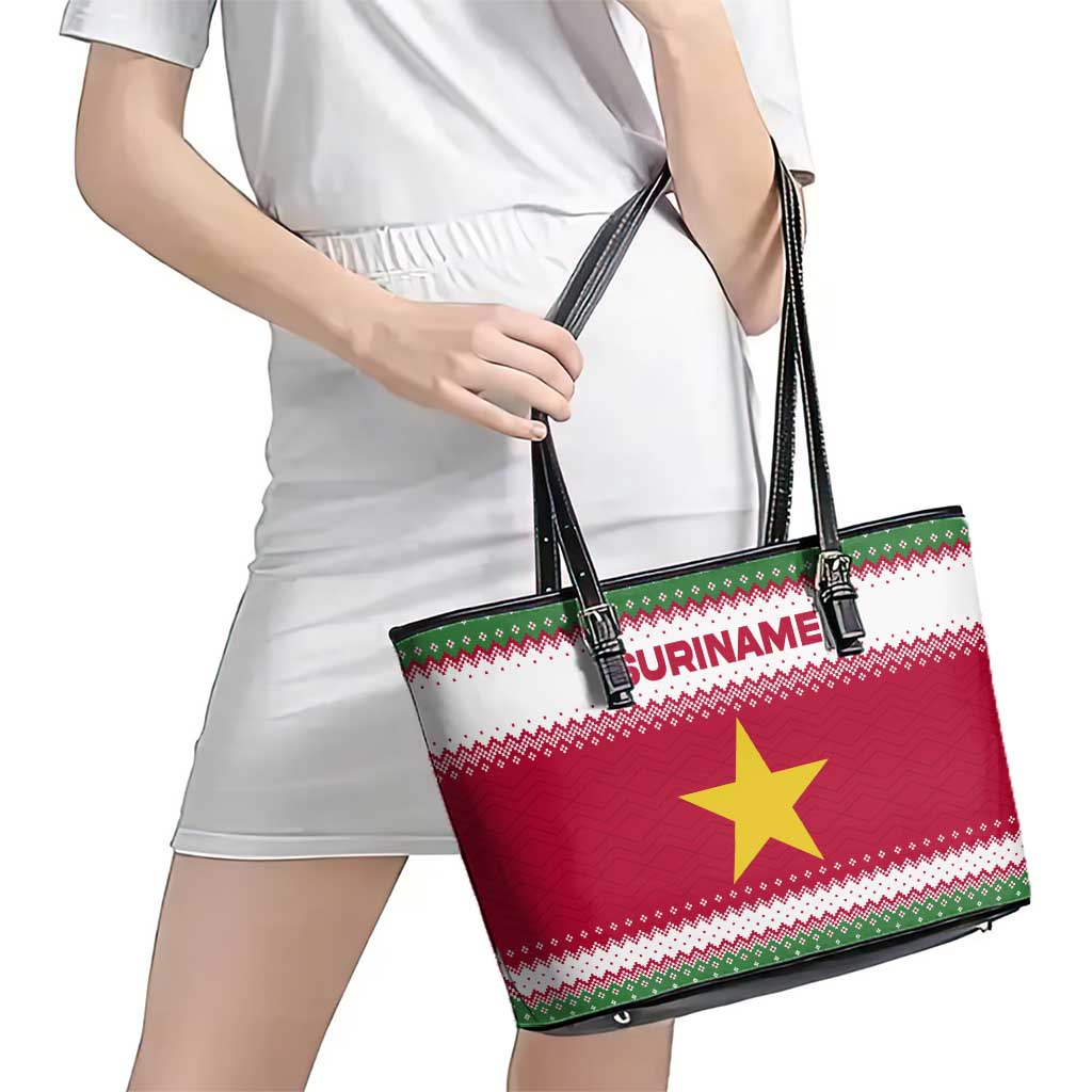 Suriname Christmas Leather Tote Bag with Red-Green Knit Pattern, Yellow Star, and Santa Leopard Motif - Wonder Print Shop