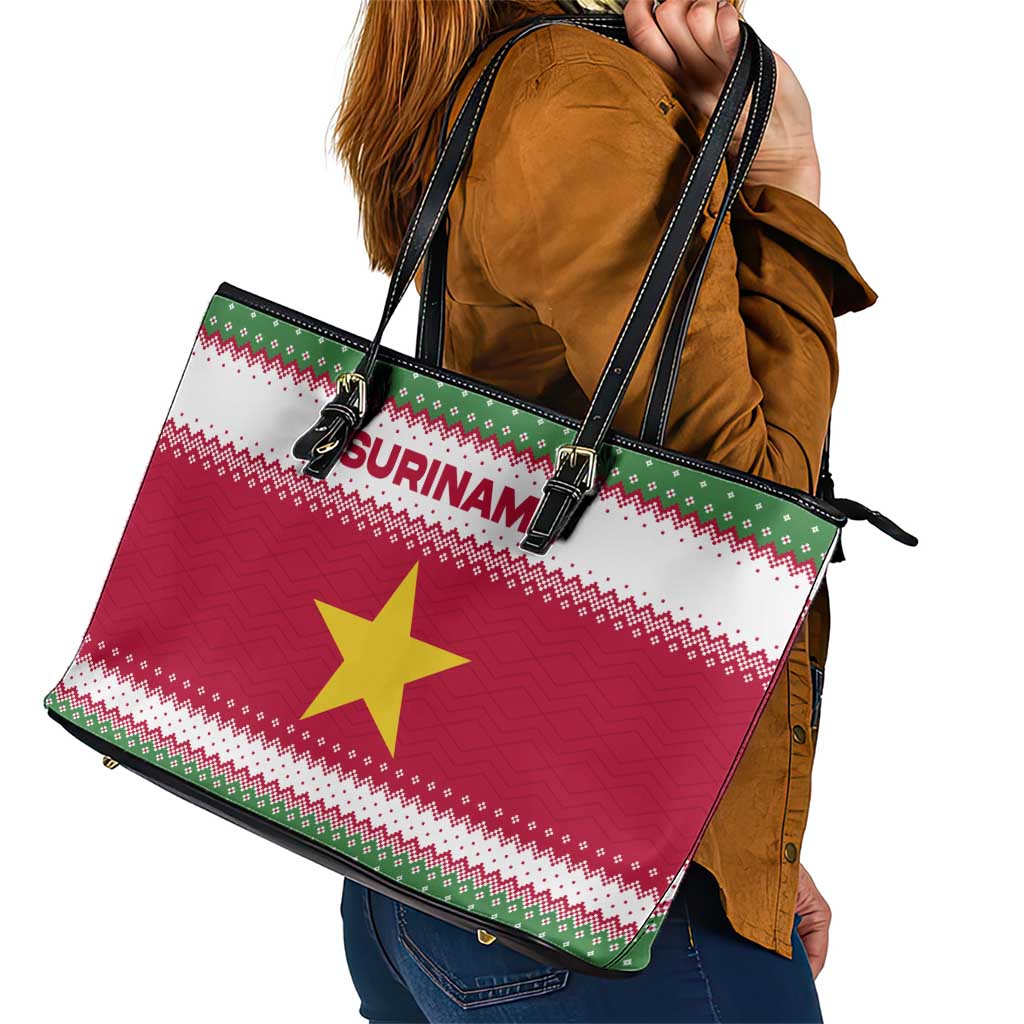 Suriname Christmas Leather Tote Bag with Red-Green Knit Pattern, Yellow Star, and Santa Leopard Motif - Wonder Print Shop