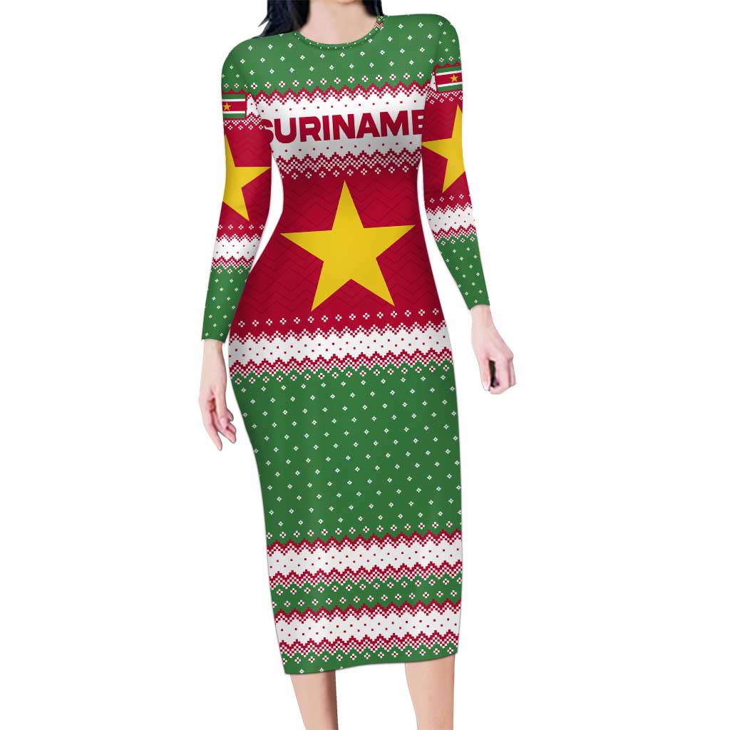Suriname Christmas Long Sleeve Bodycon Dress with Red-Green Knit Pattern, Yellow Star, and Santa Leopard Motif - Wonder Print Shop