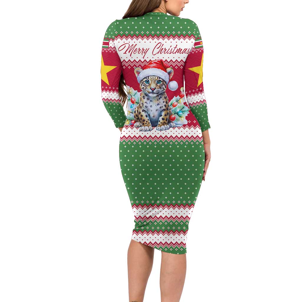 Suriname Christmas Long Sleeve Bodycon Dress with Red-Green Knit Pattern, Yellow Star, and Santa Leopard Motif - Wonder Print Shop