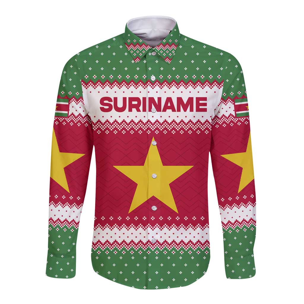 Suriname Christmas Long Sleeve Button Shirt with Red-Green Knit Pattern, Yellow Star, and Santa Leopard Motif - Wonder Print Shop