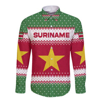 Suriname Christmas Long Sleeve Button Shirt with Red-Green Knit Pattern, Yellow Star, and Santa Leopard Motif - Wonder Print Shop
