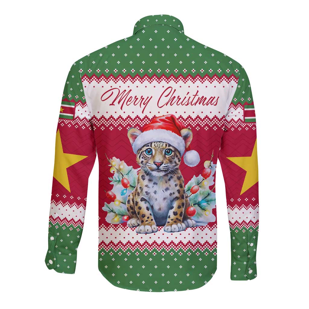 Suriname Christmas Long Sleeve Button Shirt with Red-Green Knit Pattern, Yellow Star, and Santa Leopard Motif - Wonder Print Shop