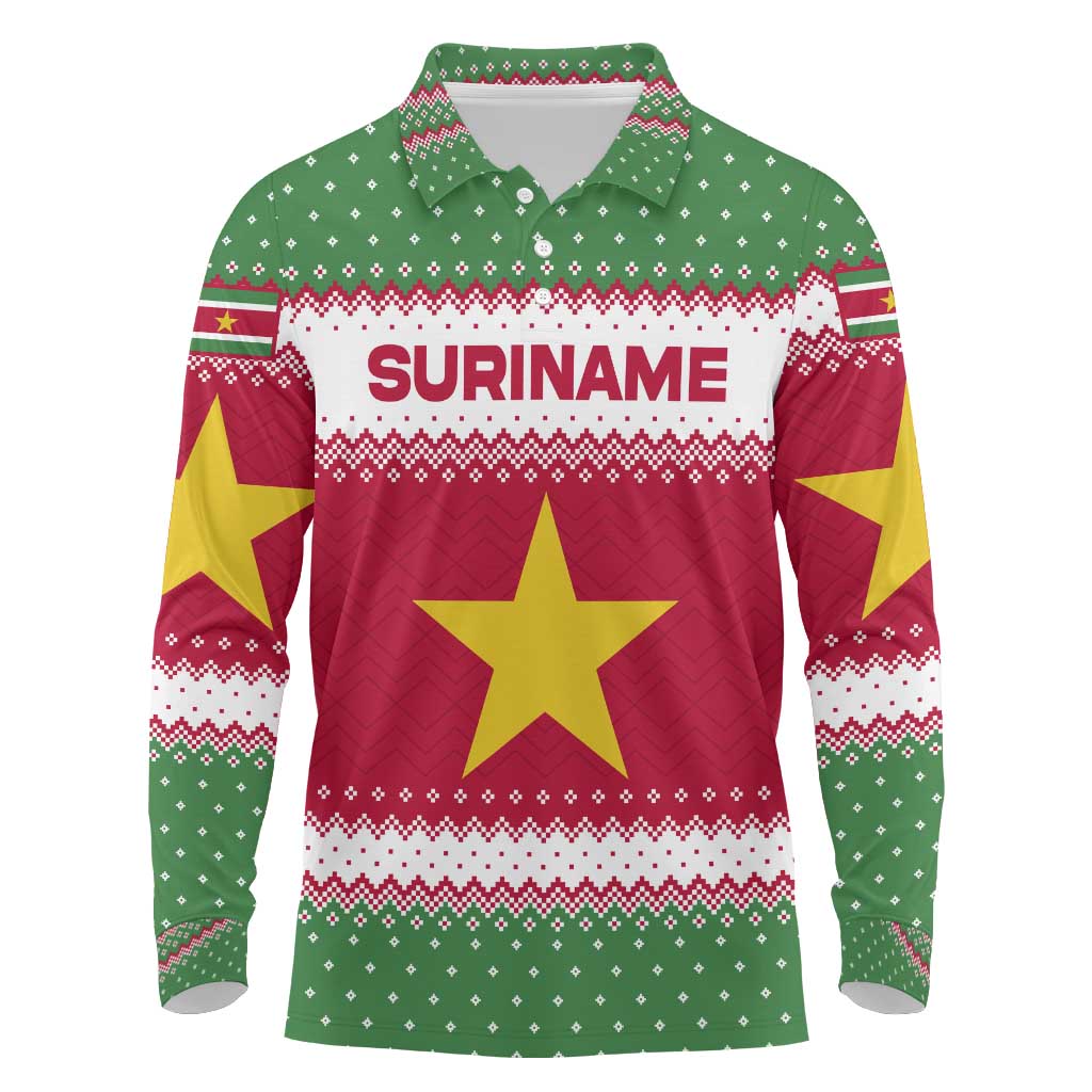 Suriname Christmas Long Sleeve Polo Shirt with Red-Green Knit Pattern, Yellow Star, and Santa Leopard Motif - Wonder Print Shop