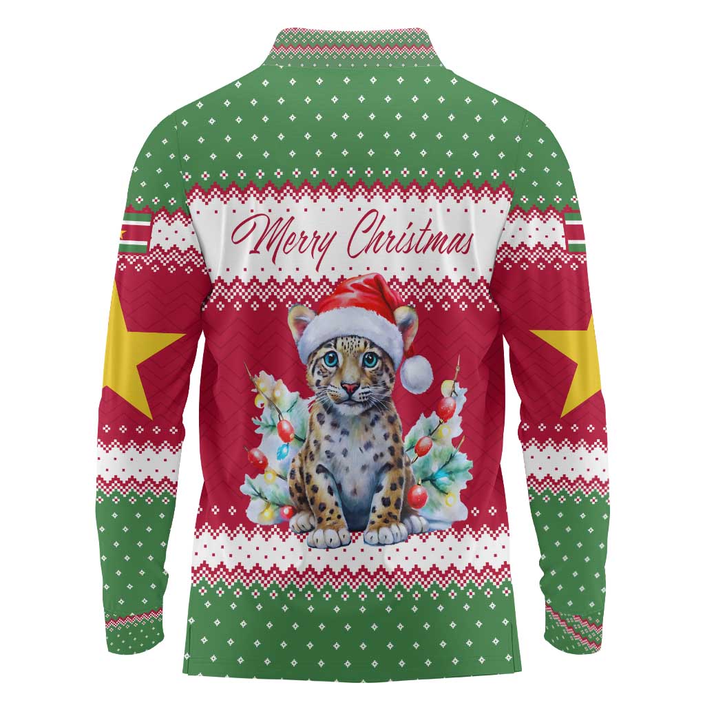 Suriname Christmas Long Sleeve Polo Shirt with Red-Green Knit Pattern, Yellow Star, and Santa Leopard Motif - Wonder Print Shop