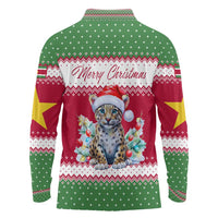 Suriname Christmas Long Sleeve Polo Shirt with Red-Green Knit Pattern, Yellow Star, and Santa Leopard Motif - Wonder Print Shop