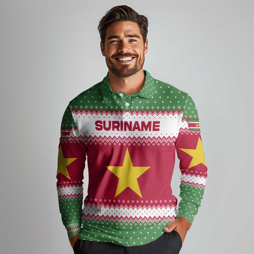 Suriname Christmas Long Sleeve Polo Shirt with Red-Green Knit Pattern, Yellow Star, and Santa Leopard Motif - Wonder Print Shop