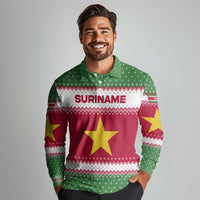 Suriname Christmas Long Sleeve Polo Shirt with Red-Green Knit Pattern, Yellow Star, and Santa Leopard Motif - Wonder Print Shop