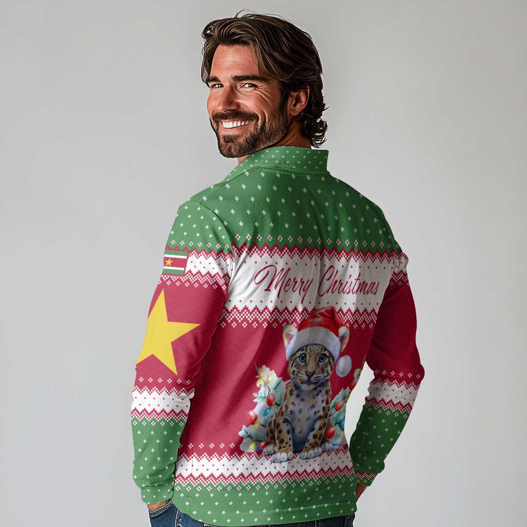 Suriname Christmas Long Sleeve Polo Shirt with Red-Green Knit Pattern, Yellow Star, and Santa Leopard Motif - Wonder Print Shop
