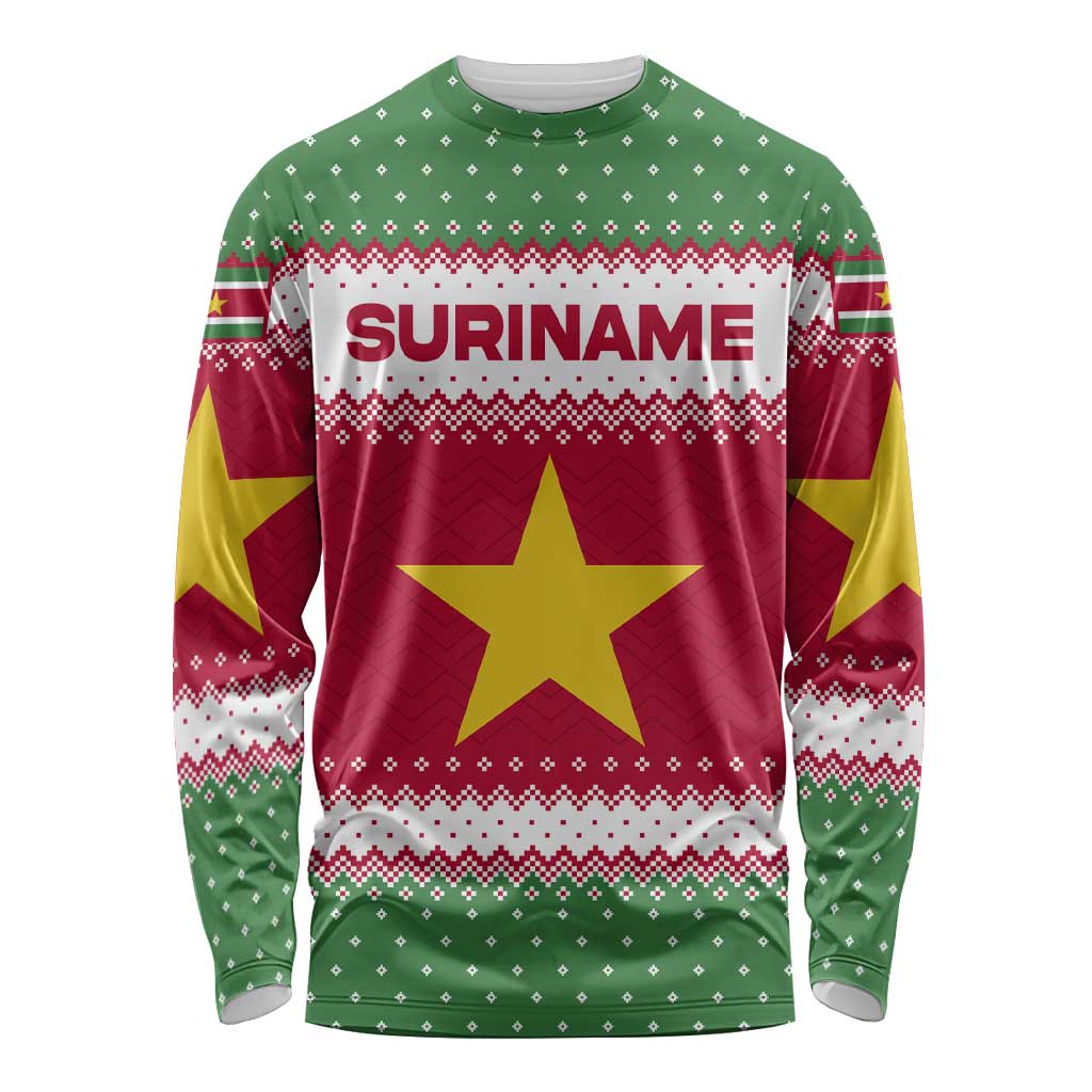 Suriname Christmas Long Sleeve Shirt with Red-Green Knit Pattern, Yellow Star, and Santa Leopard Motif - Wonder Print Shop