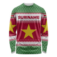 Suriname Christmas Long Sleeve Shirt with Red-Green Knit Pattern, Yellow Star, and Santa Leopard Motif - Wonder Print Shop