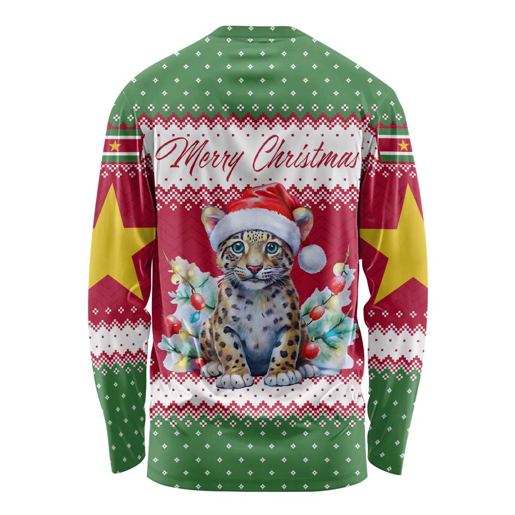 Suriname Christmas Long Sleeve Shirt with Red-Green Knit Pattern, Yellow Star, and Santa Leopard Motif - Wonder Print Shop