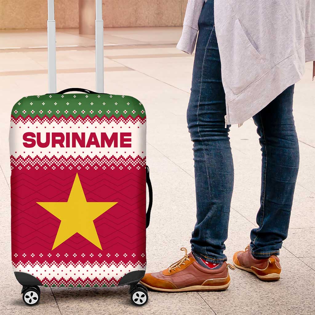 Suriname Christmas Luggage Cover with Red-Green Knit Pattern, Yellow Star, and Santa Leopard Motif - Wonder Print Shop