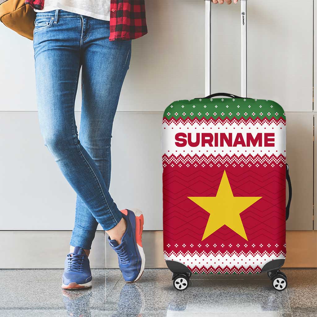 Suriname Christmas Luggage Cover with Red-Green Knit Pattern, Yellow Star, and Santa Leopard Motif - Wonder Print Shop