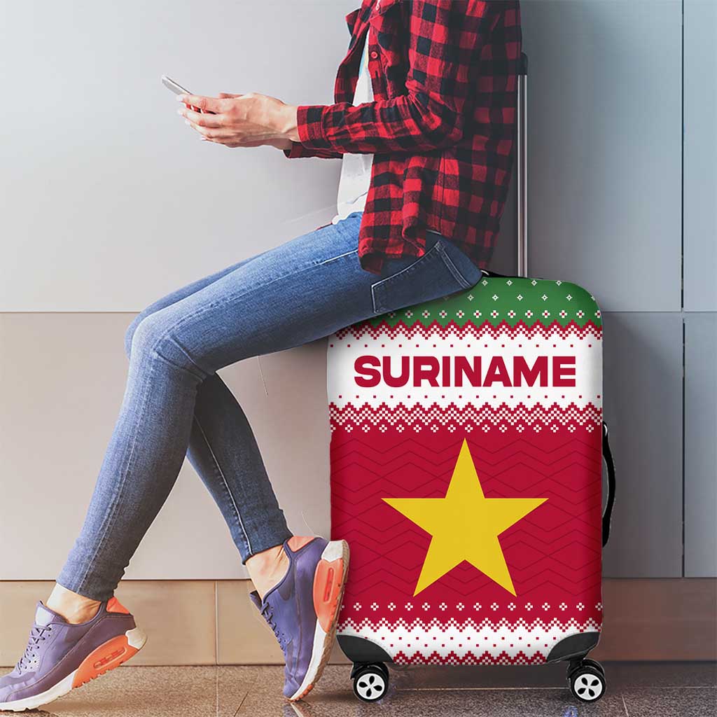 Suriname Christmas Luggage Cover with Red-Green Knit Pattern, Yellow Star, and Santa Leopard Motif - Wonder Print Shop