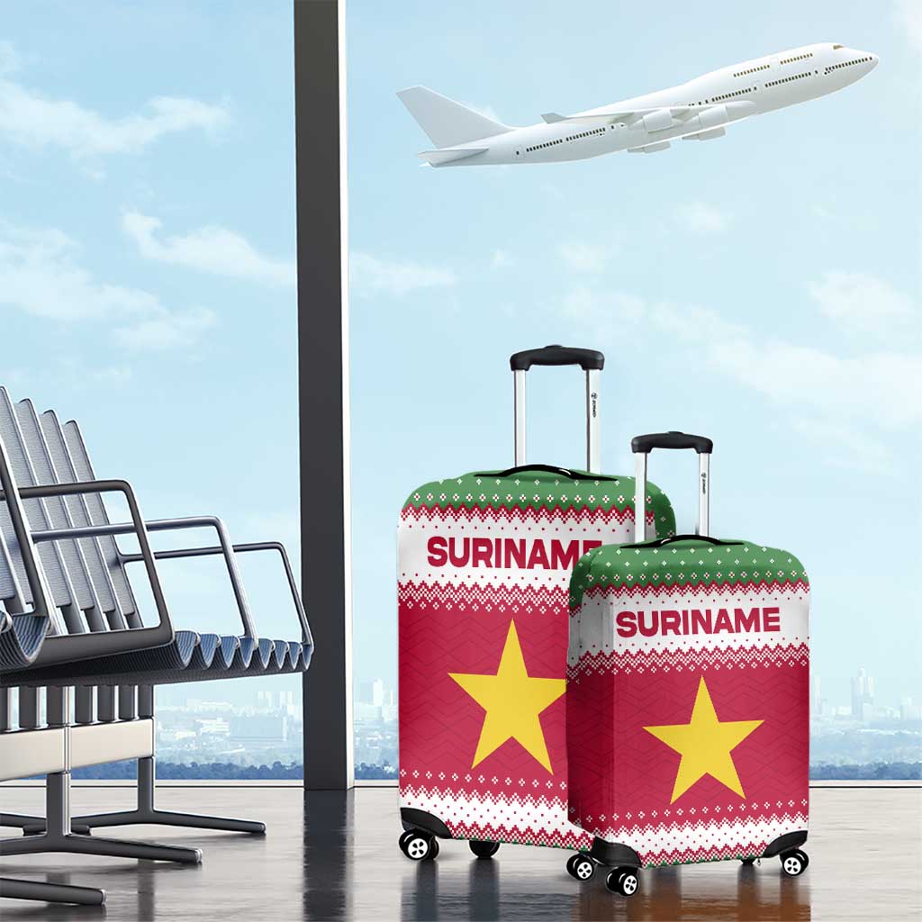 Suriname Christmas Luggage Cover with Red-Green Knit Pattern, Yellow Star, and Santa Leopard Motif - Wonder Print Shop