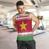 Suriname Christmas Men Tank Top with Red-Green Knit Pattern, Yellow Star, and Santa Leopard Motif - Wonder Print Shop