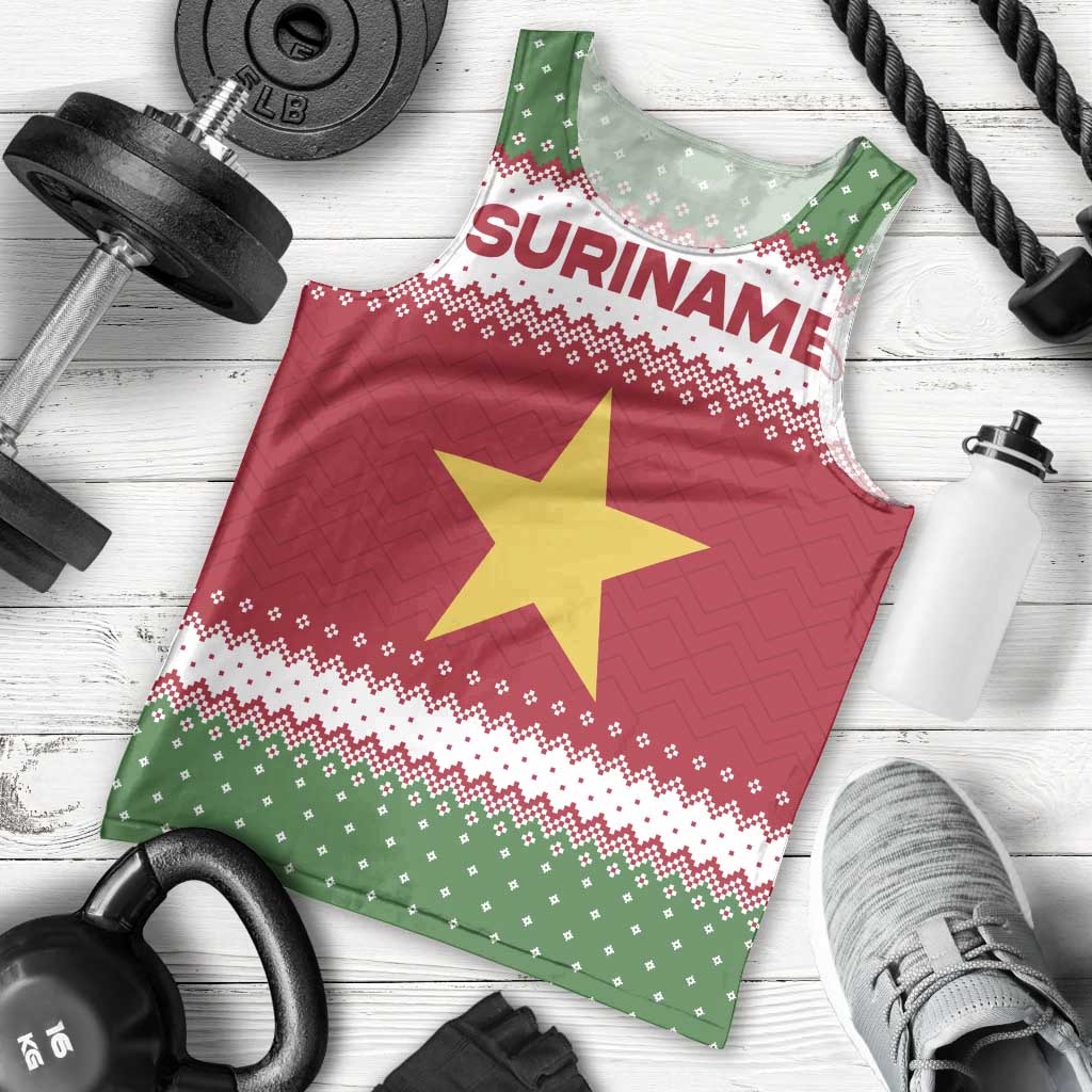 Suriname Christmas Men Tank Top with Red-Green Knit Pattern, Yellow Star, and Santa Leopard Motif - Wonder Print Shop