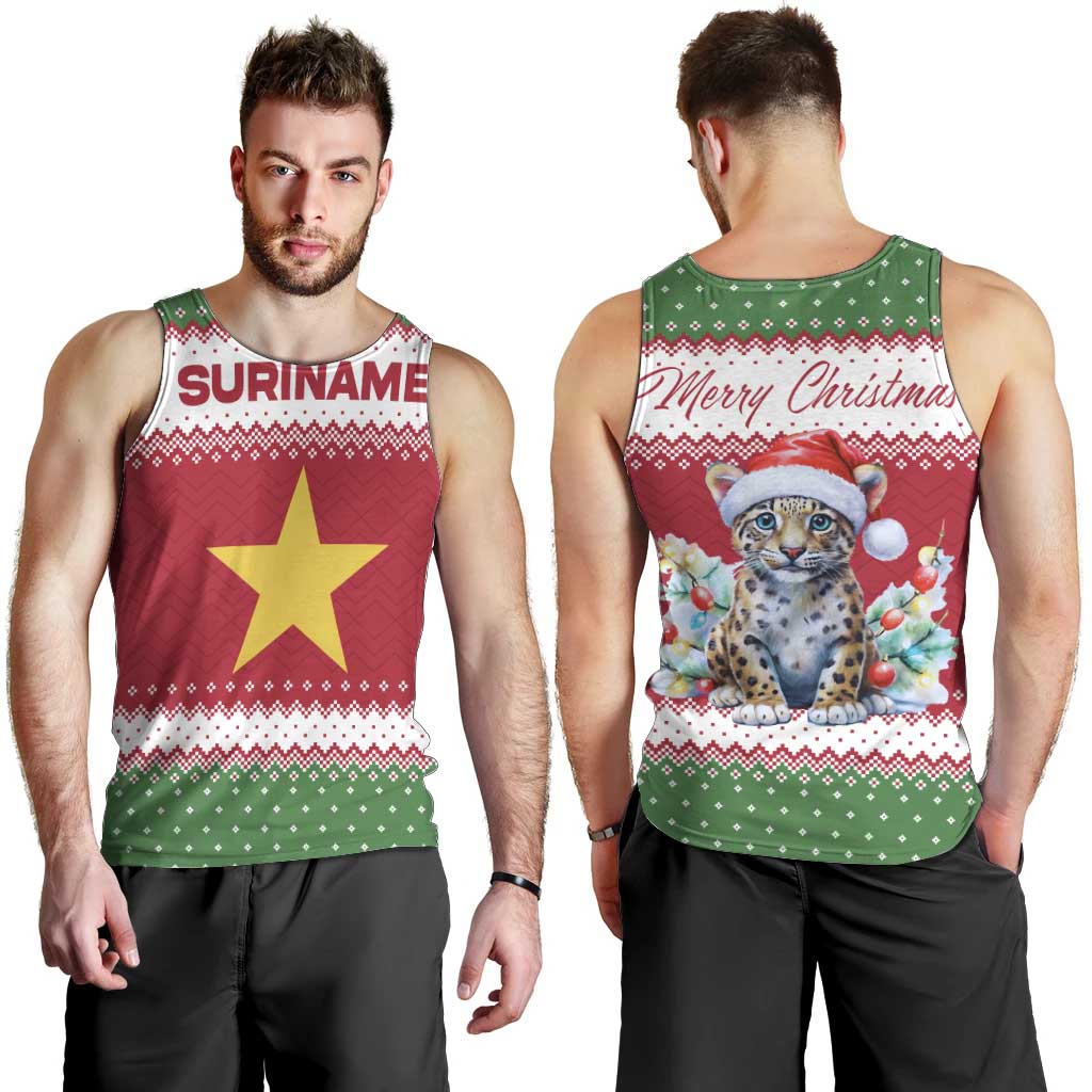 Suriname Christmas Men Tank Top with Red-Green Knit Pattern, Yellow Star, and Santa Leopard Motif - Wonder Print Shop