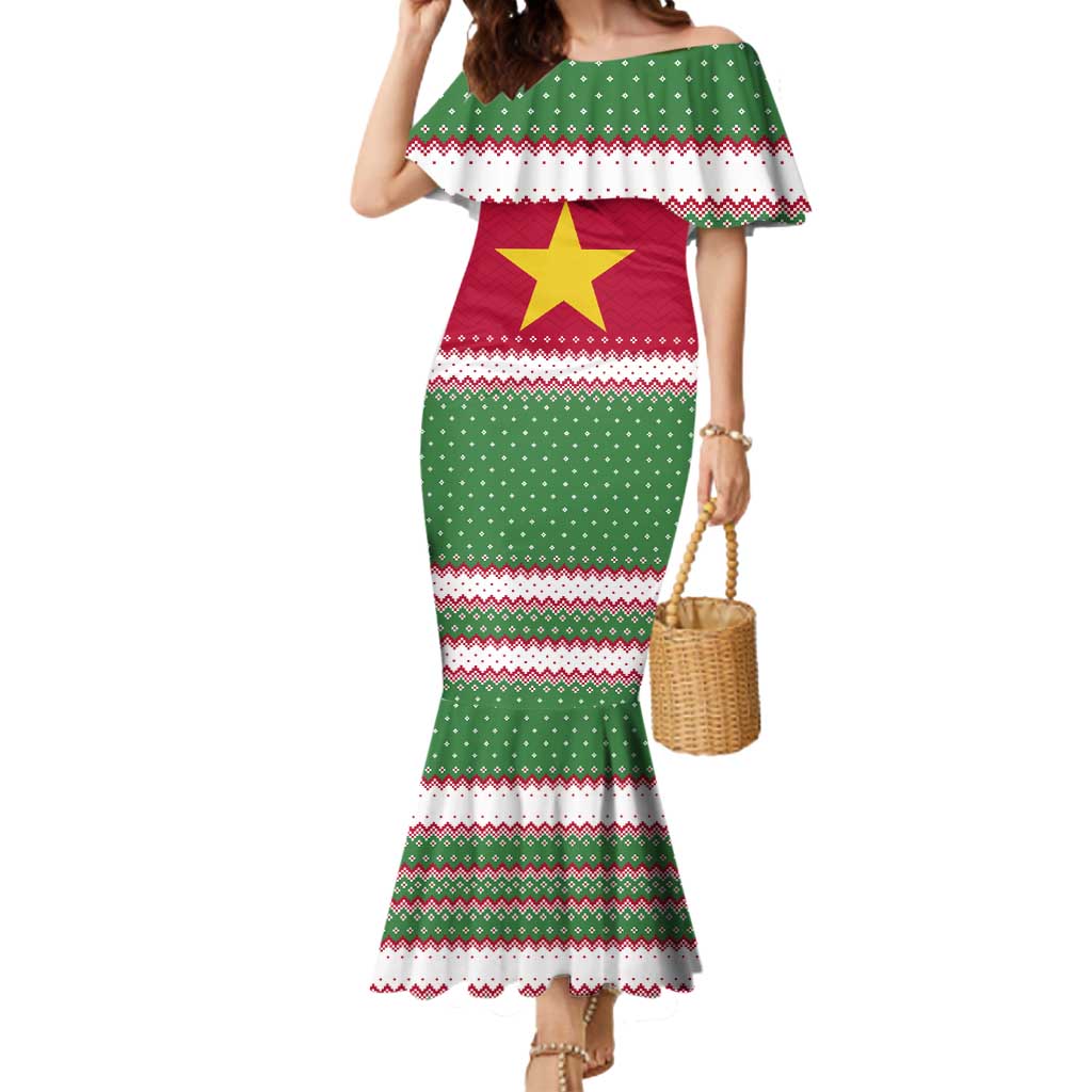 Suriname Christmas Mermaid Dress with Red-Green Knit Pattern, Yellow Star, and Santa Leopard Motif - Wonder Print Shop