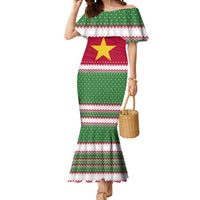 Suriname Christmas Mermaid Dress with Red-Green Knit Pattern, Yellow Star, and Santa Leopard Motif - Wonder Print Shop