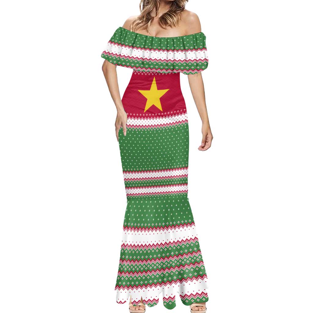 Suriname Christmas Mermaid Dress with Red-Green Knit Pattern, Yellow Star, and Santa Leopard Motif - Wonder Print Shop
