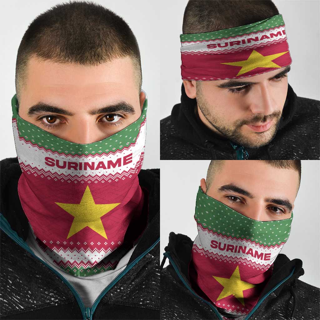 Suriname Christmas Neck Gaiter with Red-Green Knit Pattern, Yellow Star, and Santa Leopard Motif - Wonder Print Shop
