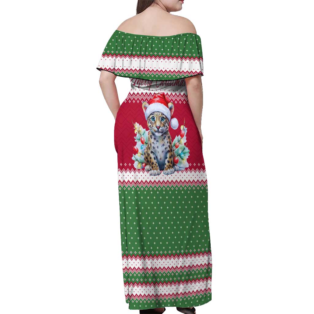 Suriname Christmas Off Shoulder Maxi Dress with Red-Green Knit Pattern, Yellow Star, and Santa Leopard Motif - Wonder Print Shop