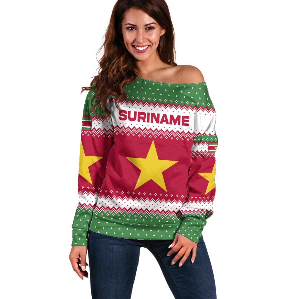 Suriname Christmas Off Shoulder Sweater with Red-Green Knit Pattern, Yellow Star, and Santa Leopard Motif - Wonder Print Shop