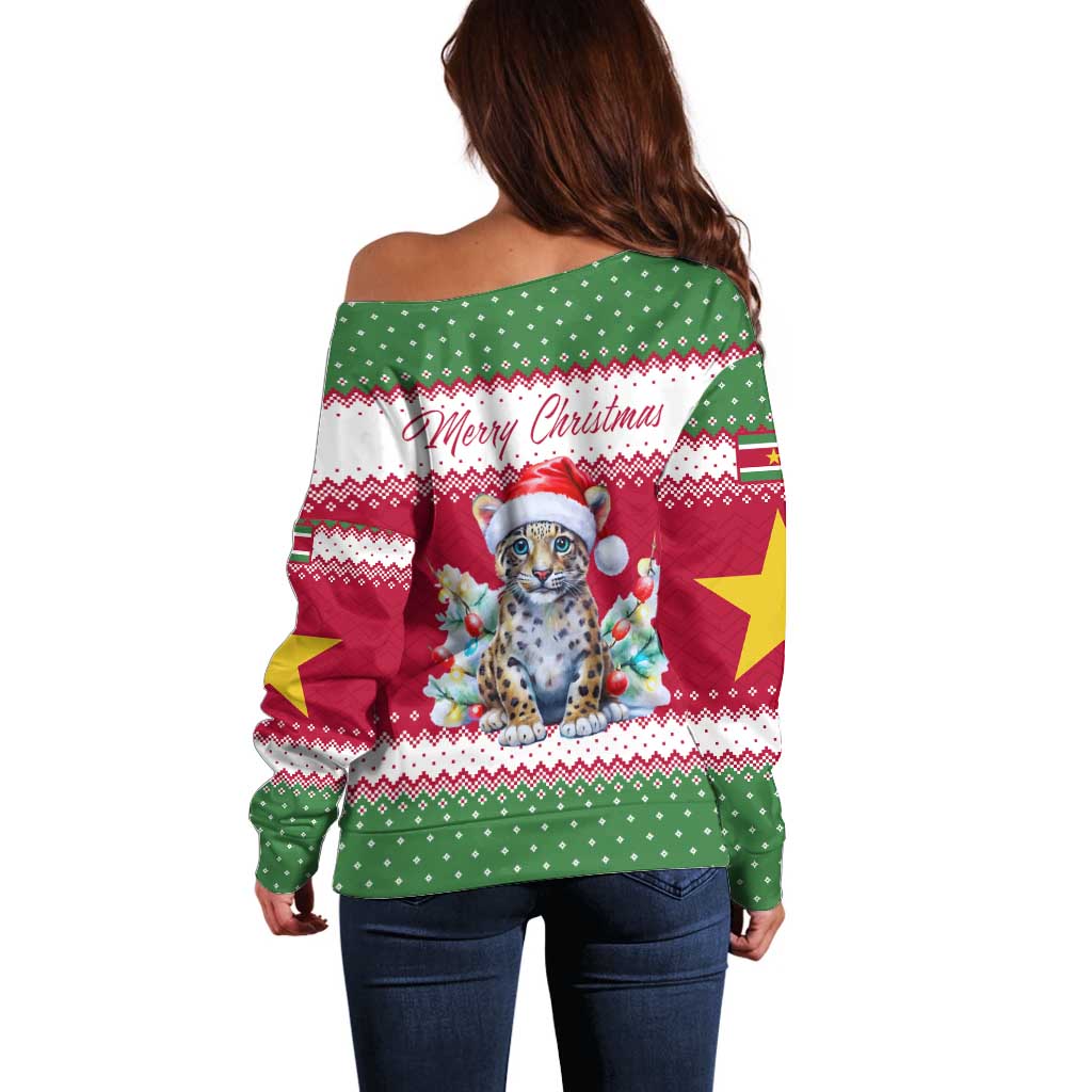 Suriname Christmas Off Shoulder Sweater with Red-Green Knit Pattern, Yellow Star, and Santa Leopard Motif - Wonder Print Shop