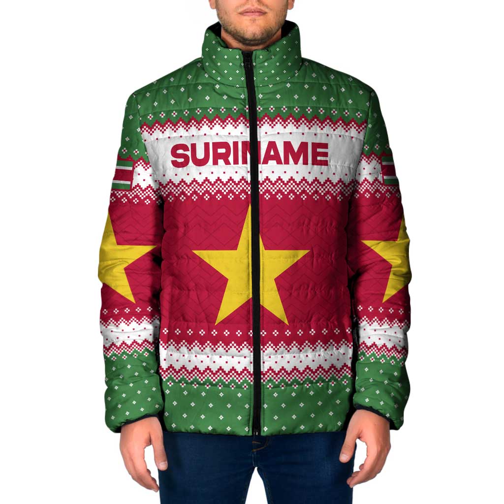 Suriname Christmas Padded Jacket with Red-Green Knit Pattern, Yellow Star, and Santa Leopard Motif - Wonder Print Shop