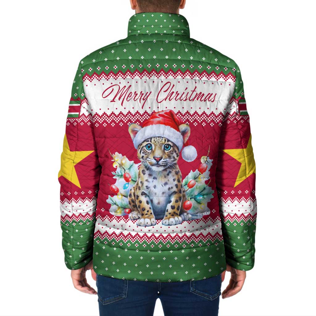 Suriname Christmas Padded Jacket with Red-Green Knit Pattern, Yellow Star, and Santa Leopard Motif - Wonder Print Shop