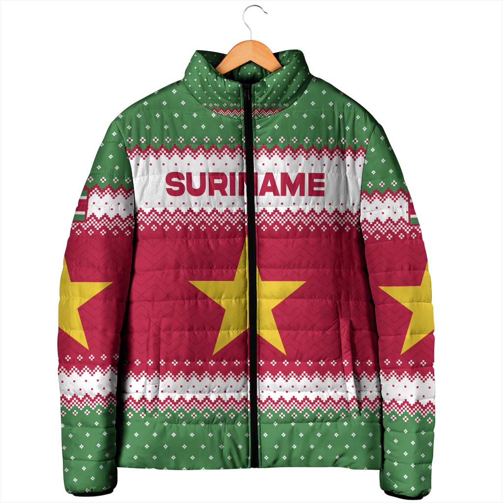 Suriname Christmas Padded Jacket with Red-Green Knit Pattern, Yellow Star, and Santa Leopard Motif - Wonder Print Shop
